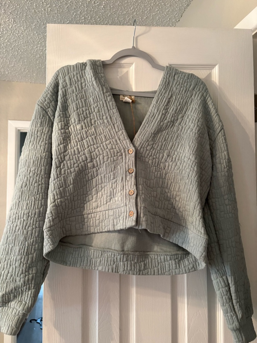 Cost Plus World Market Quilted Light Sage Green Button-Front Sweatshirt